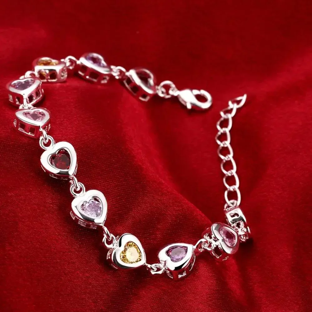 Beautiful Multi - Colored Heart Style Ladies Bracelet .925 Solid Sterling Silver - Picture 1 of 6